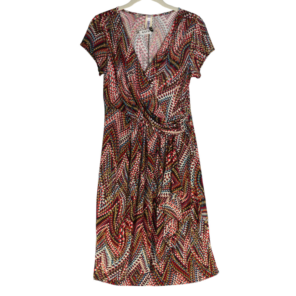 Purple Rain Faux Wrap Dress Womens Small Ruched Slinky Knee Length Short Sleeve
